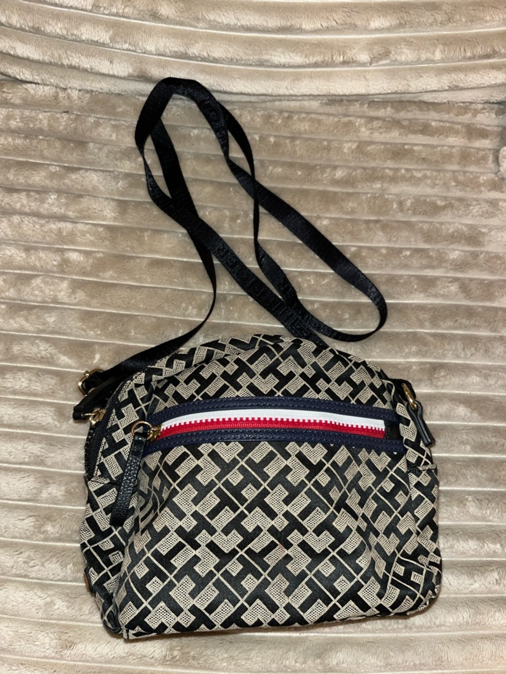 Tommy Hilfiger Black and Cream Crossbody with Red and Navy Zip Detail